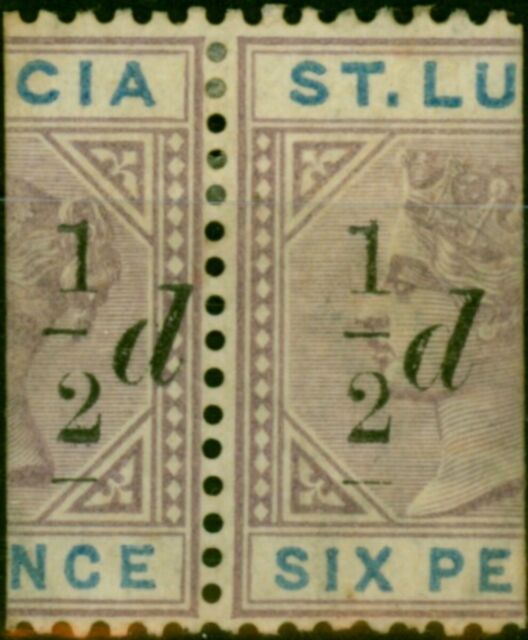 St Lucia 1891 1/2d on Half 6d Dull Mauve & Blue SG54Var 'Extra Bar' on Both S