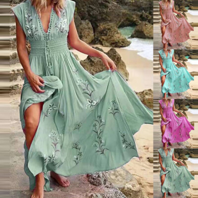 Womens Boho Flying Sleeve V Neck Maxi Dress Ladies Pleated Holiday Ruffled Dress