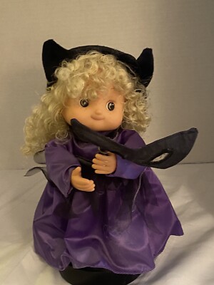 Vintage Happy Halloween Kid with Mask Blonde Curly Cat Bat Purple Unchecked
