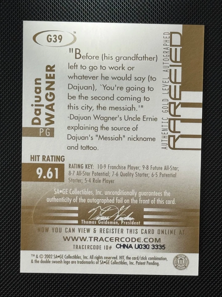 2002-03 SAGE Hit Rarefied Gold Auto /100 Dajuan Wagner #G39 Rookie Auto RC - Image 2 of 2