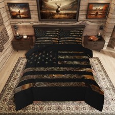 Rustic Camo Bedding Set King Size with American Flag and Tree Branches Design