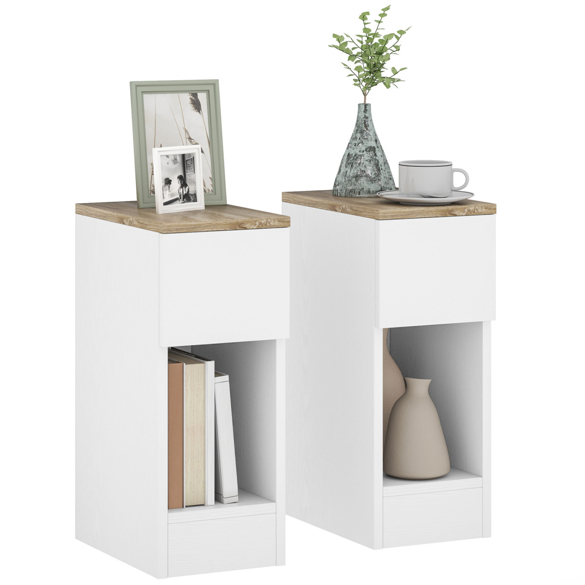 Homcom White " Two-Piece Set Offers Flexible Use;"," Drawer, Shelf And Tabletop Offer Storage Options;","Serves As Bedside Or Side Tables;" - Image 2