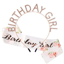 Birthday Girl Crown for Women with Flower Sash Rose Gold Happy Birthday Tiara fo