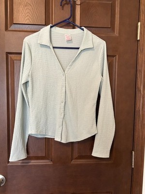NB Juniors L(11-13) LightGreen Button Up Shirt Accordion Ribbed No Iron Stretch