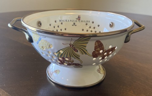 Mackenzie - Childs BUTTERFLY GARDEN Small Enamel COLANDER Retired 6 Inch White