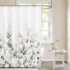 Blush Pink White Floral 71x71 Inch Watercolor Leaves Shower Curtain Set