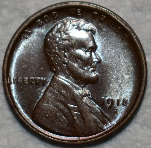 AU-UNC 1918-S Lincoln Cent, Blazing, Lightly Toned specimen.