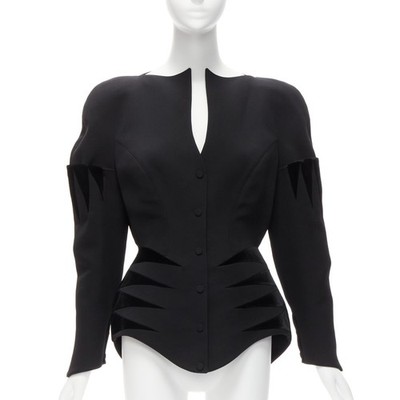 rare THIERRY MUGLER Vintage black wool geometric velvet peplum jacket  IT40 S
