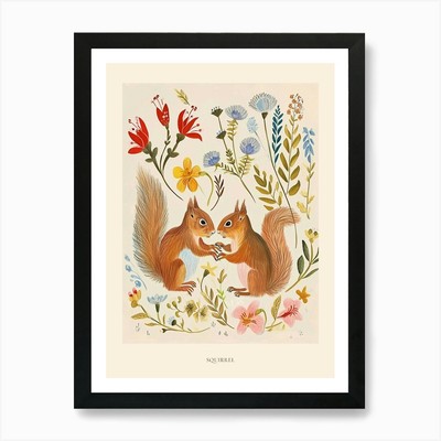 Folksy Floral Tier Zeichnung Squirr gerahmtes Wandbild Poster Leinwanddruck Bild
