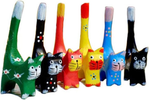 Set of 6 Long Tail Kitty Cat Figurine Decorative Carved Wooden Fgiures...