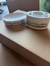 VTG Toothbrush Holder Soap Dish Set Gold White Floral Art Deco