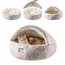 Hooded Dog Bed, Cat Cave Bed with Removable Hood, 2-in-1 Convertible Donut Ca...