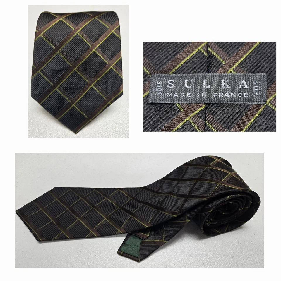 Sulka Handmade Textured Silk Tie Chocolate Brown w/Green Stripes 58.5" x 3 7/8" - Image 4 of 4