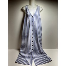 Old Navy Women’s Linen Dress Midi Button Up Blue Striped Sz L Pockets Coastal 