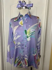 Lanvin Paris Rare vintage Purple Abstract Button Down Blouse With Head Wrap M