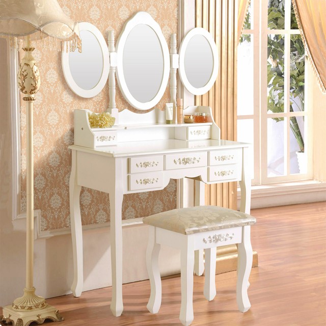 White Dressing Table Chic Mirror Stool Set Bedroom Dresser