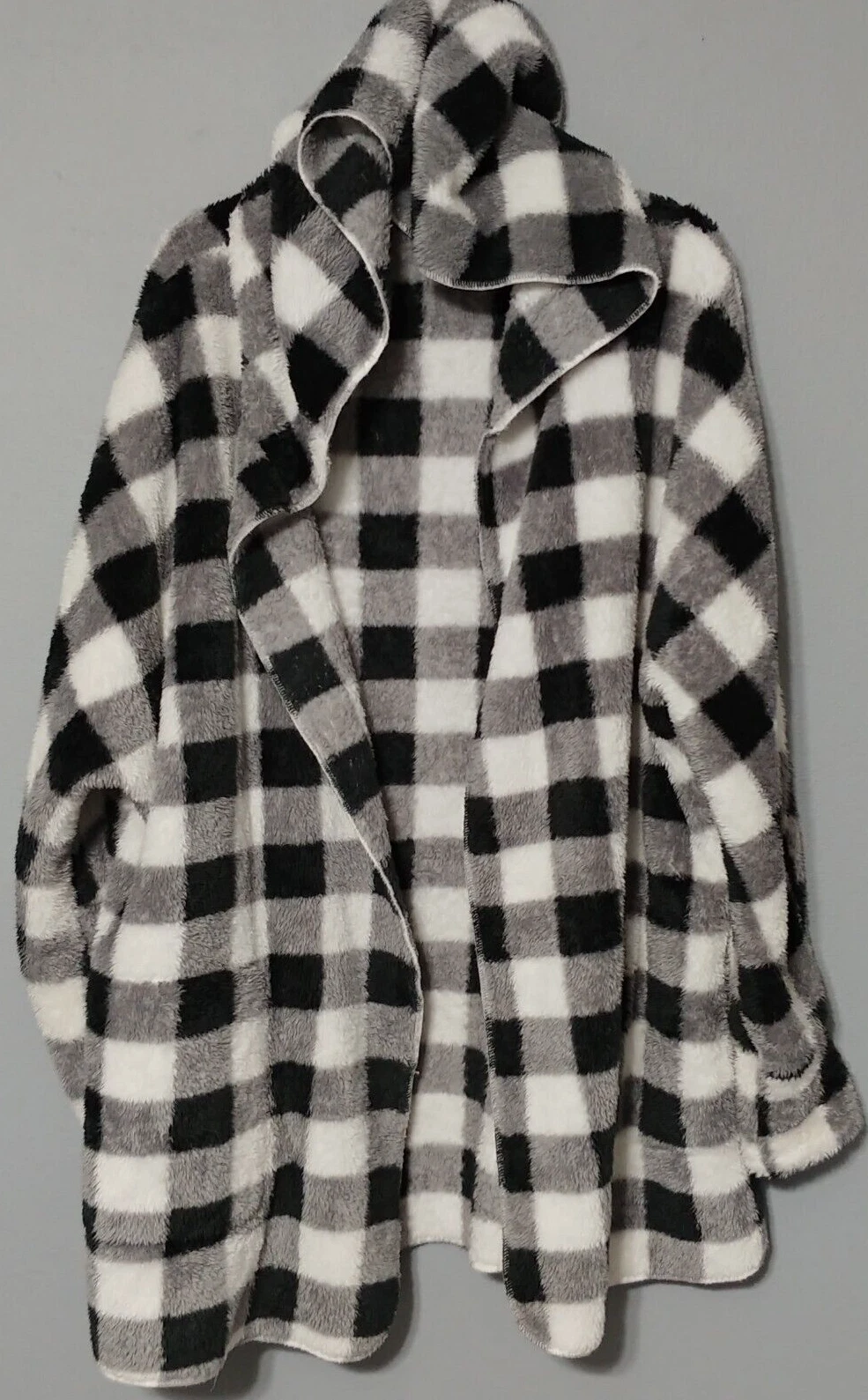 Sherpa Lounger Coat Jacket Womens XL Black White Gray 2 Pockets Hooded Warm Open