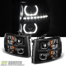 Black 2007-2013 Chevy Silverado 1500 2500hd 3500hd Led Halo Projector Headlights