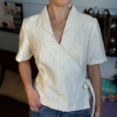 Daliya Design Linen Tie Side Wrap Top Short Sleeve Snap Button Front in Beige