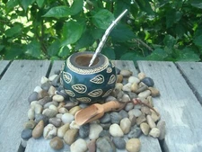Argentina Mate Gourd- Hand Made - Green Leafs - Straw + Spoon BONUS- Yerba Mate