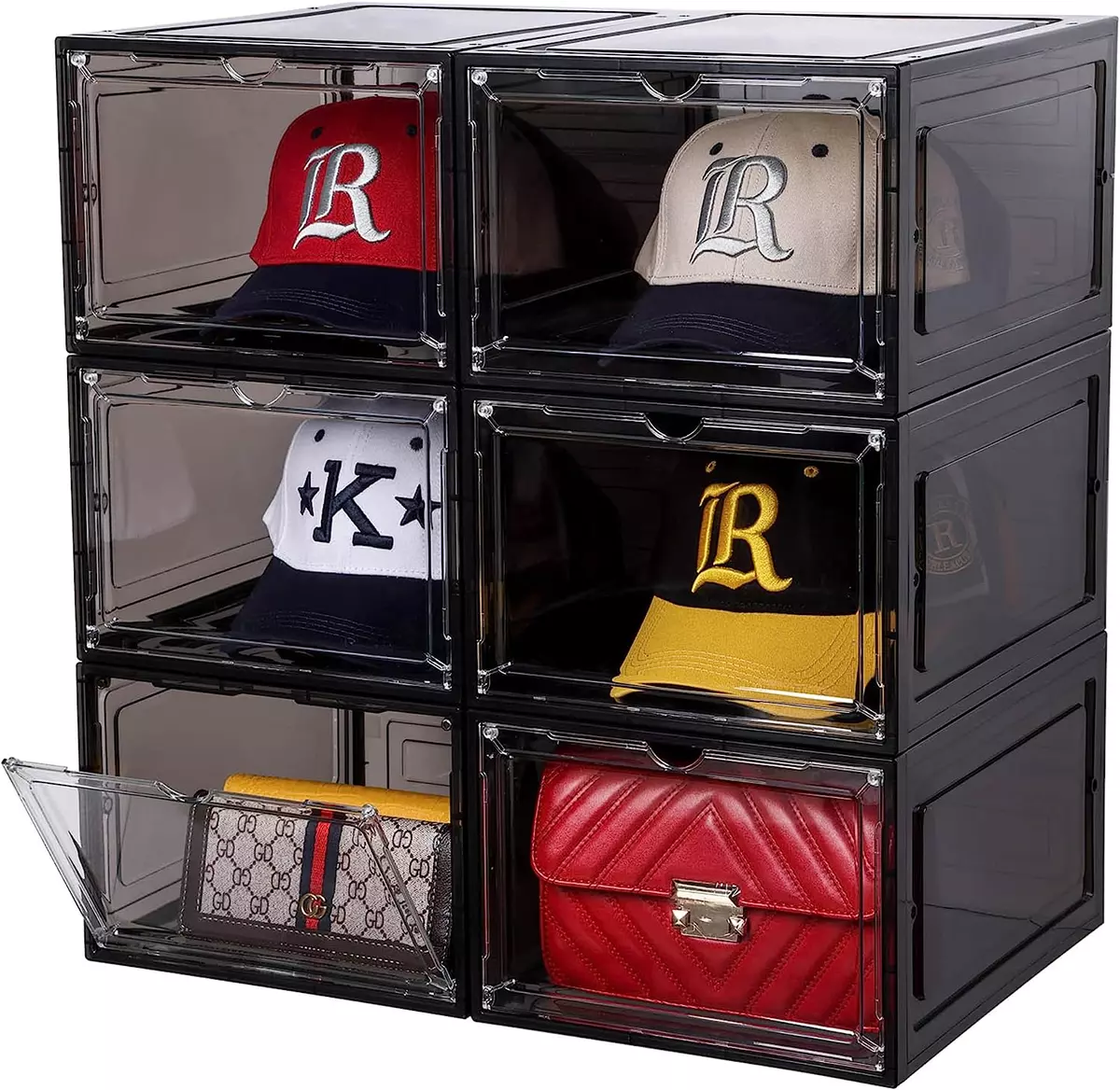 Hat Organizer for Baseball Caps, Set of 6, Stackable Hat Storage Box, Hat