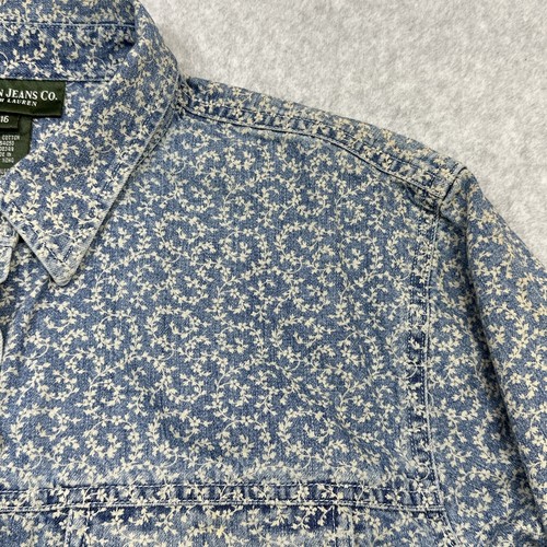 Lauren Ralph Lauren Top 16 Blue Floral Denim Snap Ranch Casual Chic Western - Picture 13 of 16