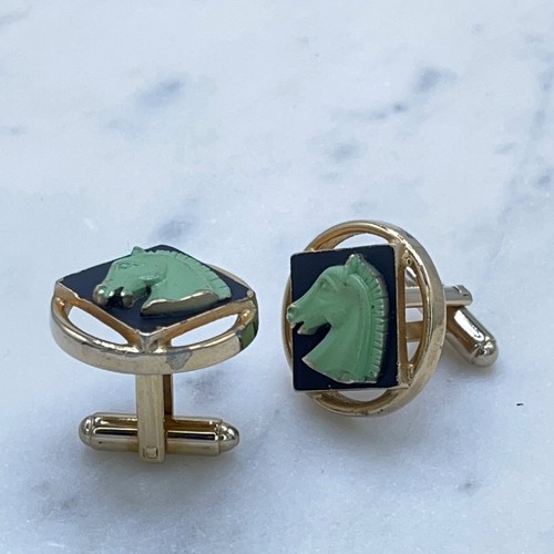 Vintage Men Gold Black Green 3D Horse Head Equestrian Cufflinks + Tie Clasp Clip - Picture 4 of 9