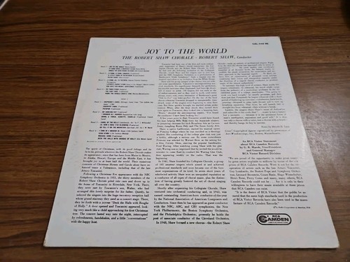 The Robert Shaw Chorale – Joy To The World 1958 LP Classical RCA Vinyl G+ - Imagen 2 de 3
