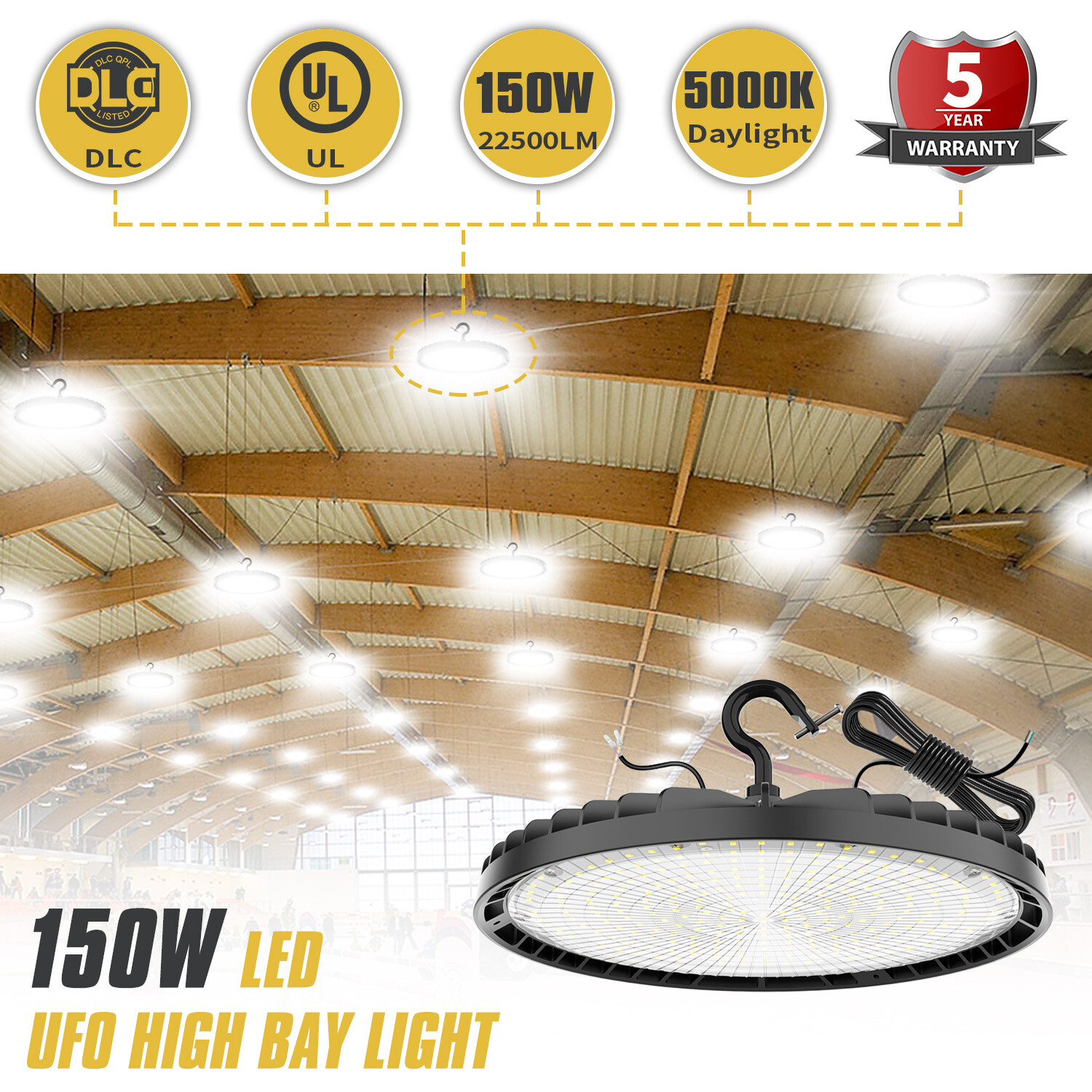 UFO LED High Bay Light 150W Shop Lights Warehouse Gym Industrial Lamp Dimmable