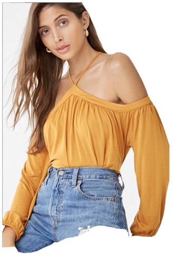 Forever 21 Open Shoulder Halter Top Size XS Mustard - 第 1/6 張圖片