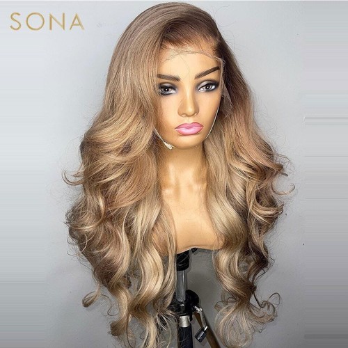13x6 HD Lace Frontal Wig Ombre Honey Blonde Colored Human Hair with Brown Root - Picture 12 of 19