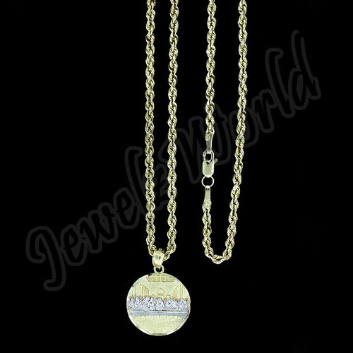 10K Yellow Gold Last Supper Jesus Charm Pendant With 2mm Rope Chain Necklace Set - Picture 14 of 16