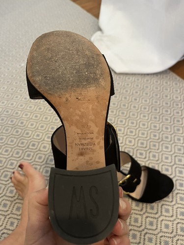 Stuart Weitzman City Sandal Nero Black Suede Buckle Block Heel 7.5 - Picture 6 of 6