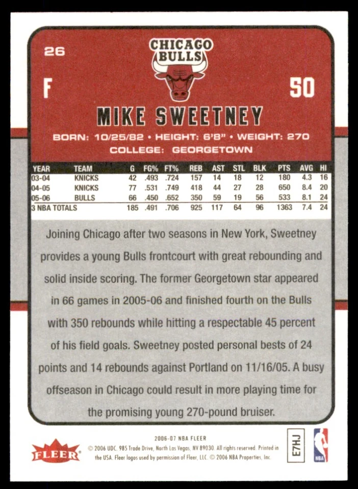 2006-07 Fleer Mike Sweetney . Chicago Bulls #26 - Image 2 of 2