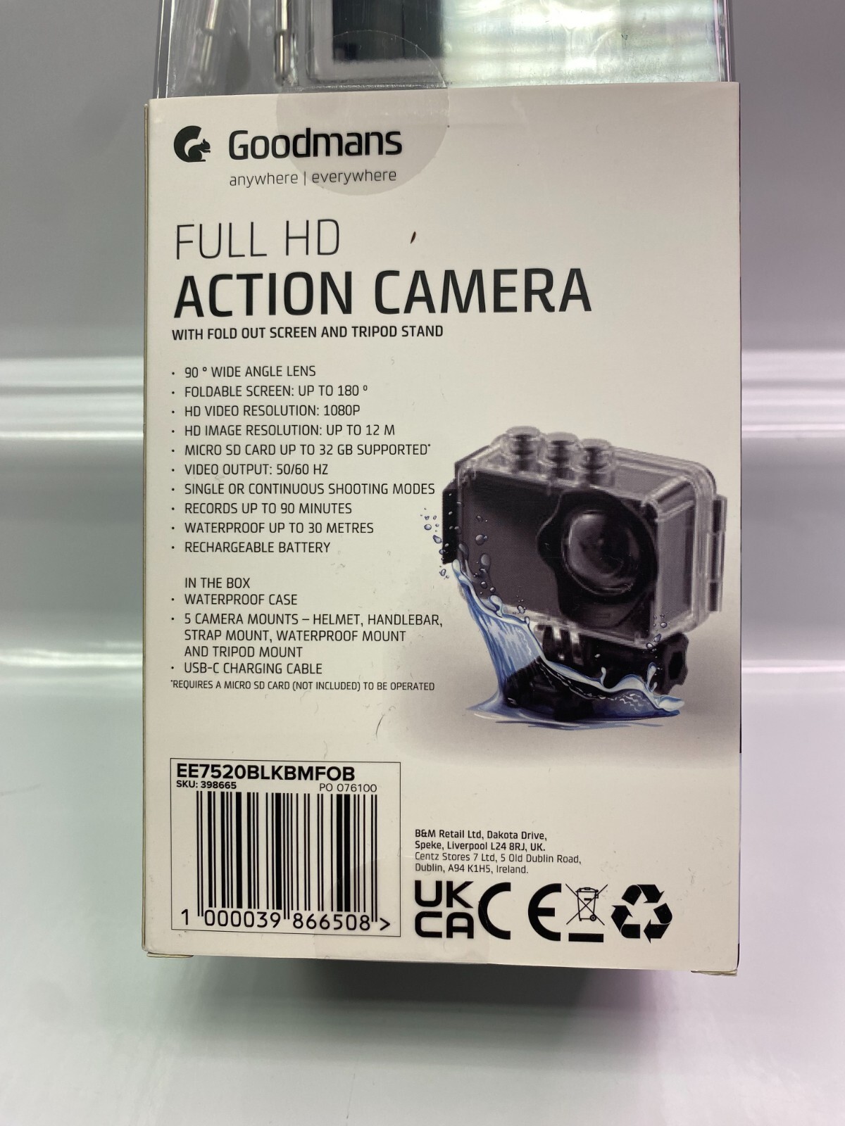 Goodmans Full action HD Action camera 1080P HDMicro SD cardwater