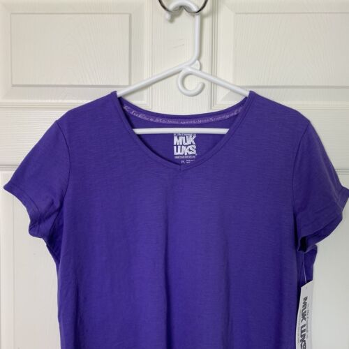 MUK LUKS Women's PL Purple T-shirt Short Sleeve V-Neck NWT - Picture 2 of 9