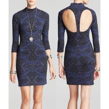 Free People Cute & Cozy Blue Mock Neck Bodycon Mini Dress Blue Black Size S
