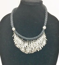 NEW CSD SILVER TONE 6 LAYERS OF FRINGE BIB,WOVEN BLACK FABRIC NECKLACE 