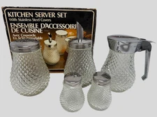 Vintage Glass Kitchen Server Set w/ Stainless Lids – Syrup, Sugar, Shakers Retro