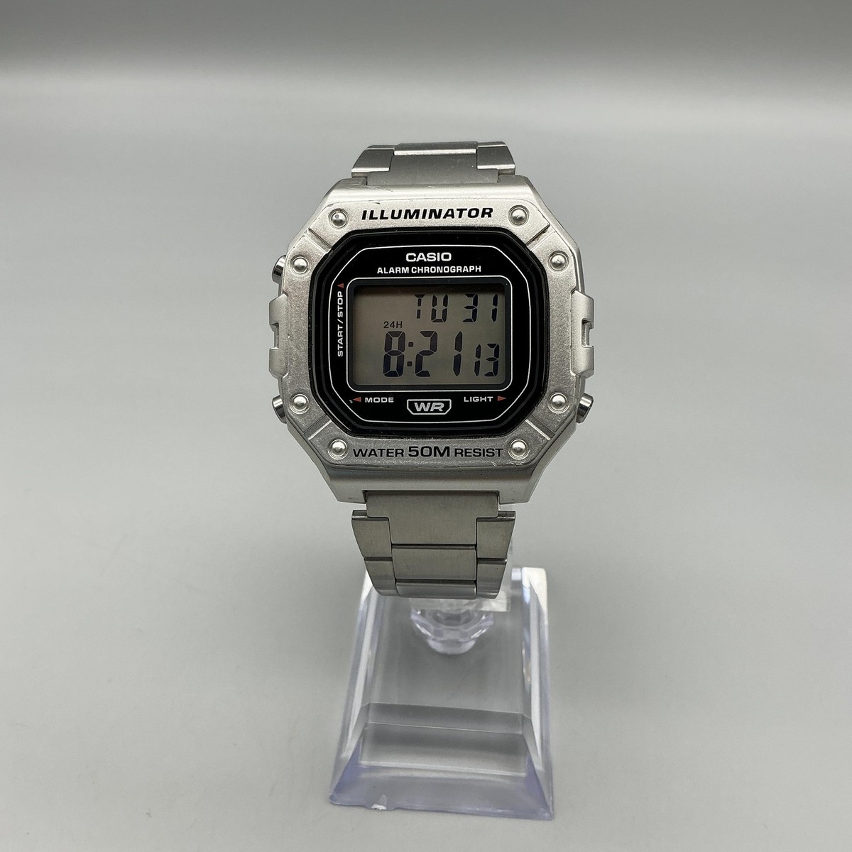 Casio 3224 W-218H Mens Watch 42mm Silver Tone Alarm Chronograph