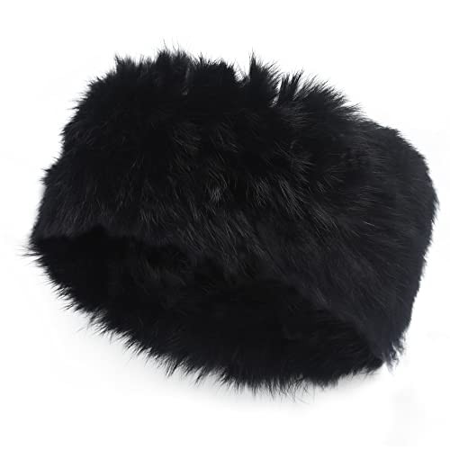 Women Rabbit Fur Headband Cold Weather Hair Band Stretchy Winter Solid Black