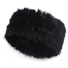  Women Rabbit Fur Headband Cold Weather Hair Band Stretchy Winter Solid Black