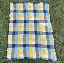 VTG Stadium Blanket Blue Yellow Plaid Cabin Picnic Camp Core Frayed Edge