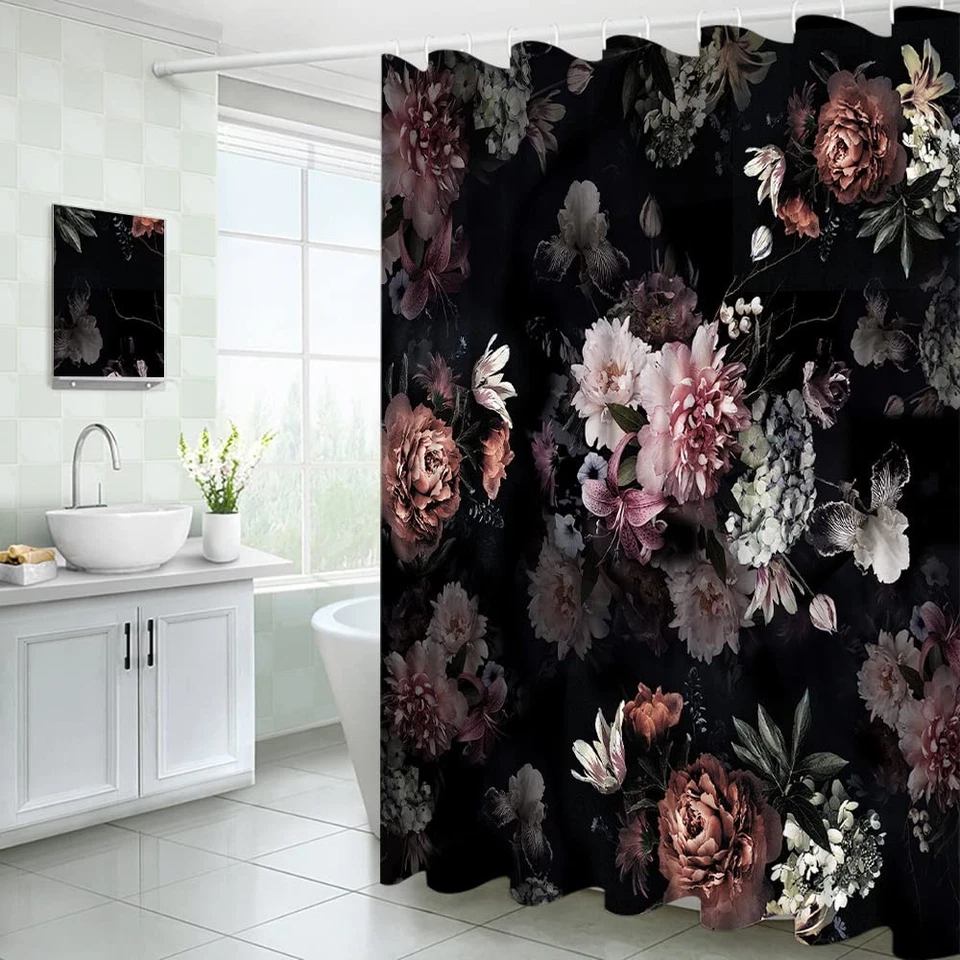 Boho Floral Shower Curtain 70x70", Black Pink Watercolor Flowers, Hooks - Image 2 of 4