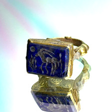 Anello romano antico blu intaglio egiziano inciso bronzo sigillo misura 8