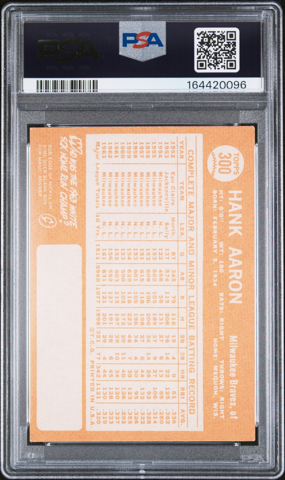1964 TOPPS #300 HANK AARON PSA 3.5 view 2