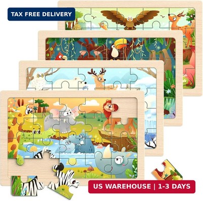 Zeoddler Wooden Puzzles for Toddlers, 4 Pack Animal Jigsaw Puzzles for Kids3-5, 