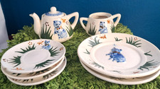 Antique 1920's Cat Tea Set Childs Majolica Tea Pot Saucers Sugar Ceramic