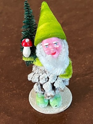 Vintage Green Spun Cotton PINECONE ELF w Tree Mushroom Chenille W Germany