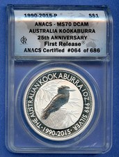 1990-2015 ANACS MS70 DCAM Australia Kookaburra 1oz .999 Silver $1 First Release